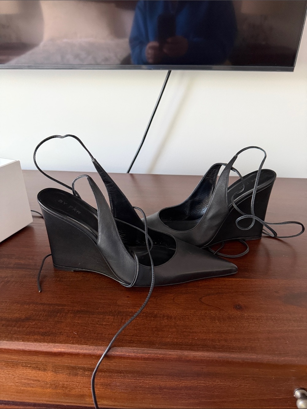 BY FAR Black Pointed-Toe Wedge Slingback Pumps